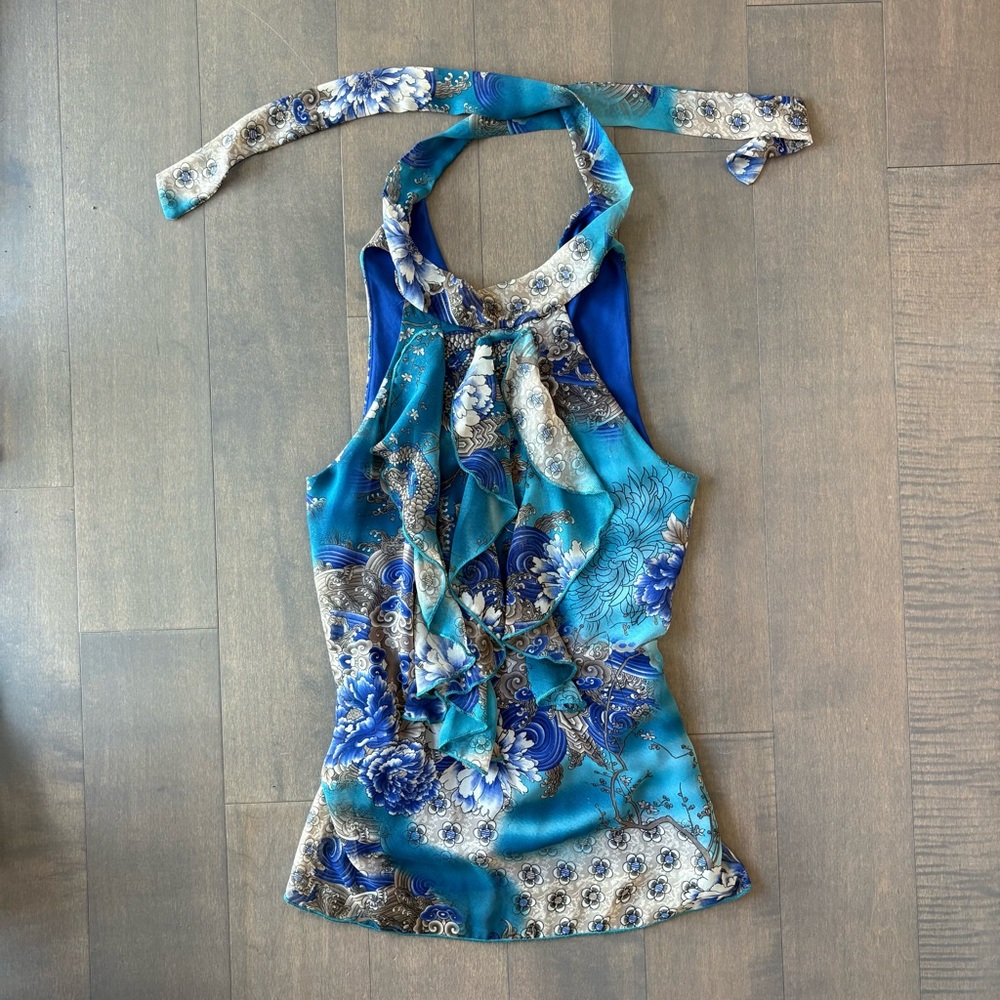 Suzy Shier Blue Floral Halter Top